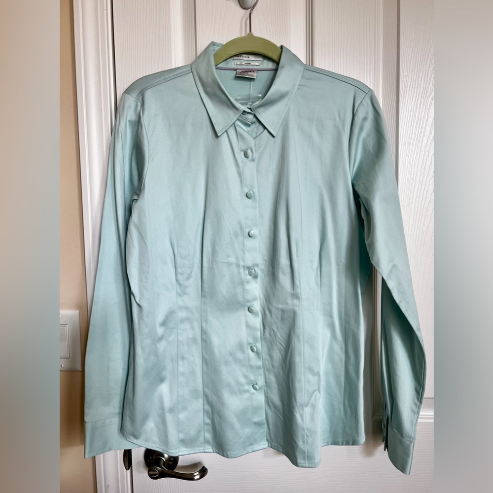 Soft Mint Green Button Down Long Sleeve women’s Classic Fitted Blouse.